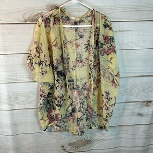 Olive Tree Yellow Floral Print Short Sleeve Sheer Cardigan Size Large